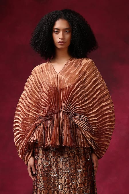 SHILPI GUPTA_Red Silk Plain V Neck Zari Pleated Top _Online_at_Aza_Fashions