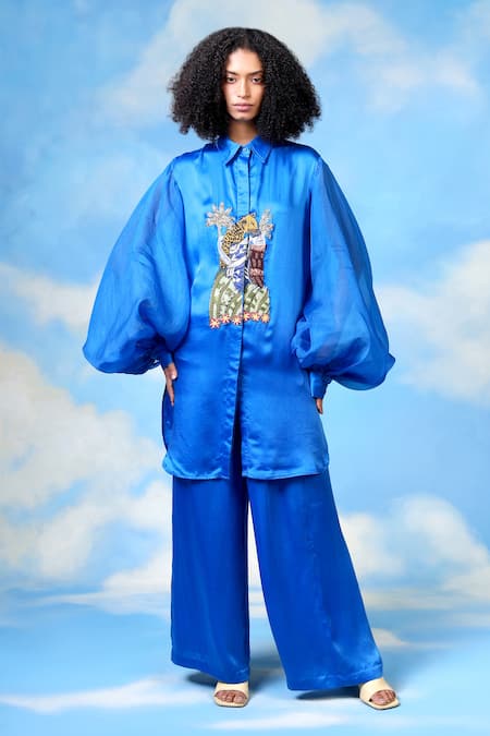 Shilpi Gupta Blue Bamberg Satin Embroidery Animal Patchwork Collar Shirt And Trouser Set 