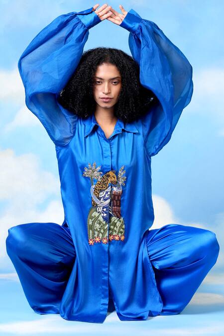 Shilpi Gupta_Blue Organza, Bamboo Embroidery Collared Animal Patchwork Shirt And Trouser Set _Online_at_Aza_Fashions