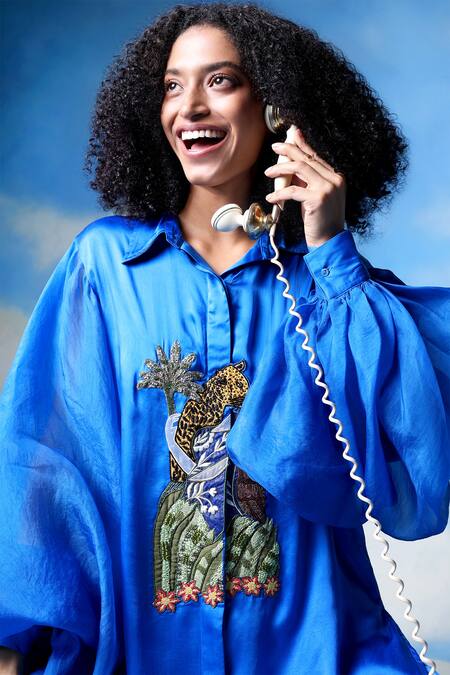 Shilpi Gupta_Blue Organza, Bamboo Embroidery Collared Animal Patchwork Shirt And Trouser Set _at_Aza_Fashions