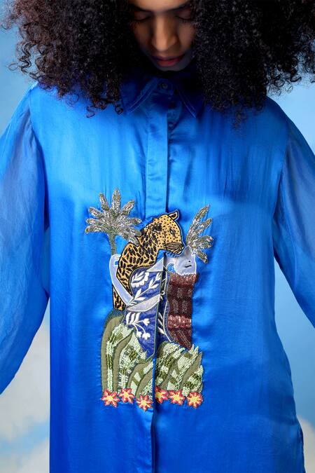 Buy_Shilpi Gupta_Blue Organza, Bamboo Embroidery Collared Animal Patchwork Shirt And Trouser Set 