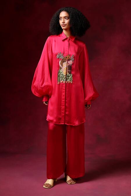 Shilpi Gupta_Pink Organza, Bamboo Sequins, Embroidery Collared Patchwork Shirt And Trouser Set _Online_at_Aza_Fashions