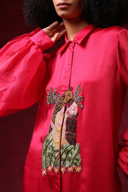 Buy_Shilpi Gupta_Pink Organza, Bamboo Sequins, Embroidery Collared Patchwork Shirt And Trouser Set _Online_at_Aza_Fashions