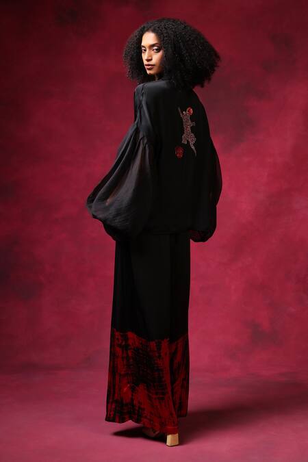 Shilpi Gupta_Black Organza, Bamboo Embroidery Cheetah Patchwork Shirt And Shibori Trouser Set _Online_at_Aza_Fashions