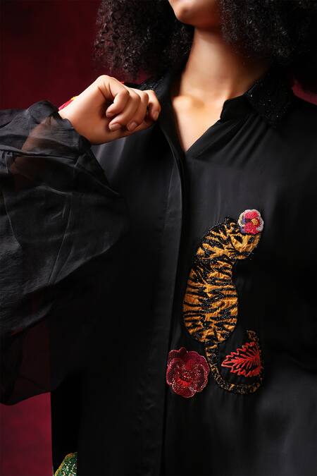 Buy_Shilpi Gupta_Black Organza, Bamboo Embroidery Cheetah Patchwork Shirt And Shibori Trouser Set _Online_at_Aza_Fashions