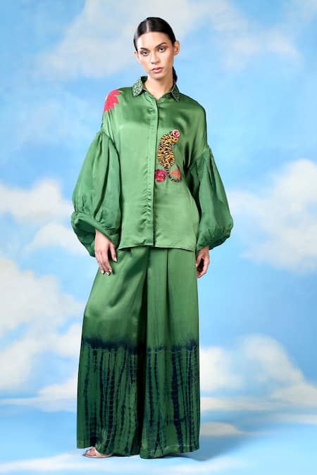 Shilpi Gupta Green Bamberg Satin Embroidery Cheetah Shirt And Shibori Pattern Trouser Set 