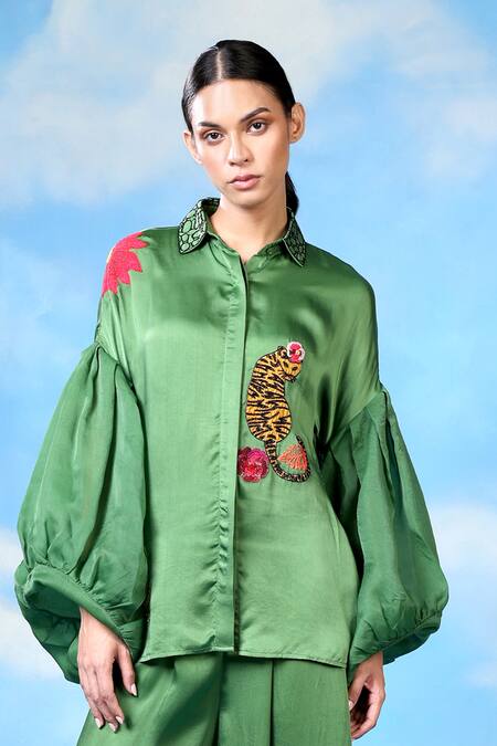 Shilpi Gupta_Green Organza, Bamboo Sequins, Patchwork Shirt And Shibori Pattern Trouser Set _Online_at_Aza_Fashions