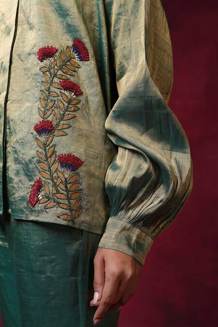 Shilpi Gupta_Green Tissue Embroidery Floral Patchwork Collar Placement Shirt And Sharara Set _Online_at_Aza_Fashions