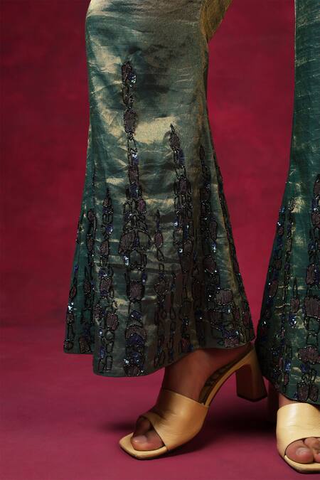 Shop_Shilpi Gupta_Green Tissue Embroidery Floral Patchwork Collar Placement Shirt And Sharara Set _Online_at_Aza_Fashions