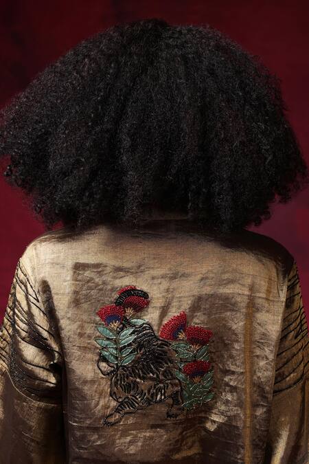 Buy_Shilpi Gupta_Gold Tissue Embroidery Floral Patchwork Resham Placement Shirt And Sharara Set _Online_at_Aza_Fashions