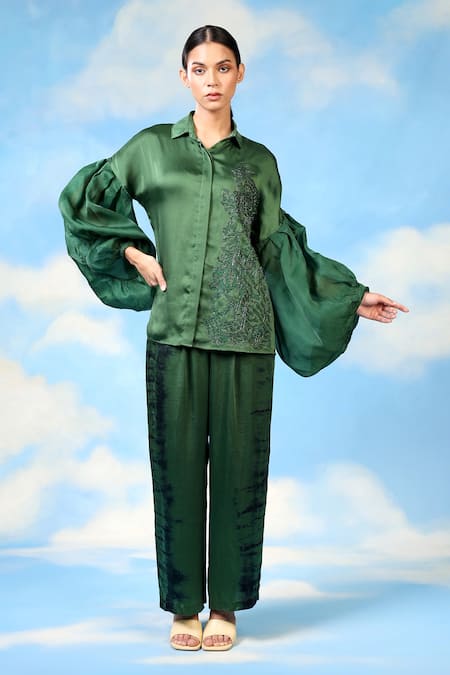 Shilpi Gupta Green Bamberg Satin Embroidery Floral Patchwork Applique Shirt And Pant Set 