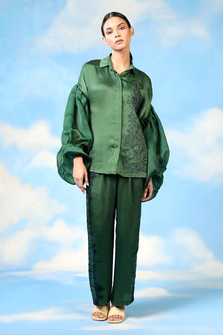 Shilpi Gupta_Green Organza, Bamboo, Satin Embroidery Floral Applique Shirt And Pant Set _Online_at_Aza_Fashions
