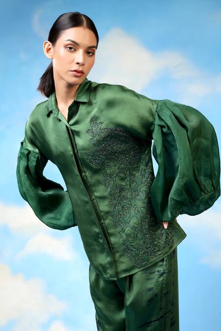 Buy_Shilpi Gupta_Green Organza, Bamboo, Satin Embroidery Floral Applique Shirt And Pant Set _Online_at_Aza_Fashions