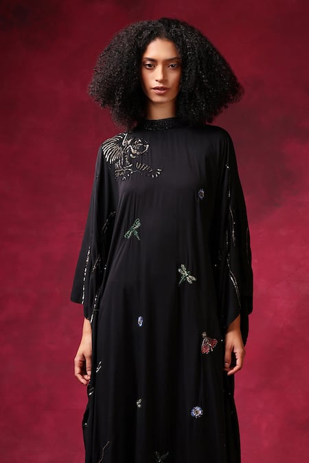 Shilpi Gupta_Black Modal, Satin Crystals, Sequins, Zari Dragonfly Embroidered Kaftan Dress _Online_at_Aza_Fashions
