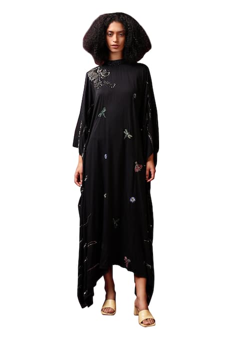 Buy_Shilpi Gupta_Black Modal, Satin Crystals, Sequins, Zari Dragonfly Embroidered Kaftan Dress _Online_at_Aza_Fashions