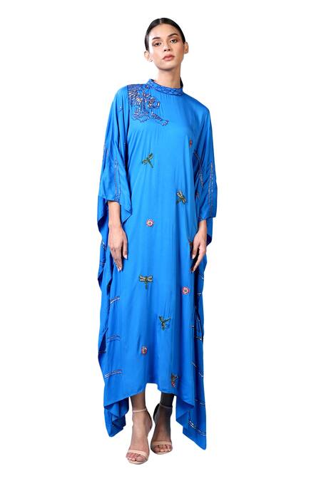 Shilpi Gupta_Blue Modal, Satin Embroidery Round Neck Dragonfly Scattered Kaftan Dress _Online_at_Aza_Fashions