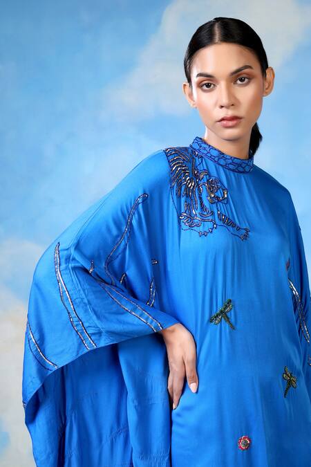 Buy_Shilpi Gupta_Blue Modal, Satin Embroidery Round Neck Dragonfly Scattered Kaftan Dress _Online_at_Aza_Fashions