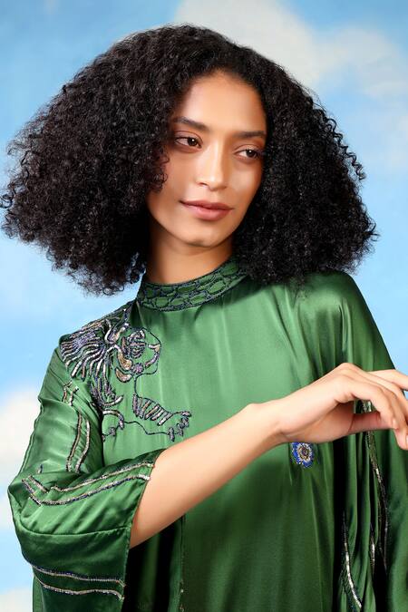 Shilpi Gupta_Green Modal, Satin Embroidery, Sequins, Zari Round Neck Crystal Kaftan Dress _Online_at_Aza_Fashions