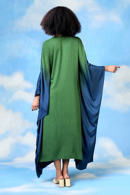 Shop_Shilpi Gupta_Blue Modal, Satin Cut Work, Embroidery V-neck Ombre Kaftan Dress _at_Aza_Fashions