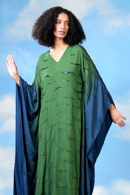 Shilpi Gupta_Blue Modal, Satin Cut Work, Embroidery V-neck Ombre Kaftan Dress _Online_at_Aza_Fashions
