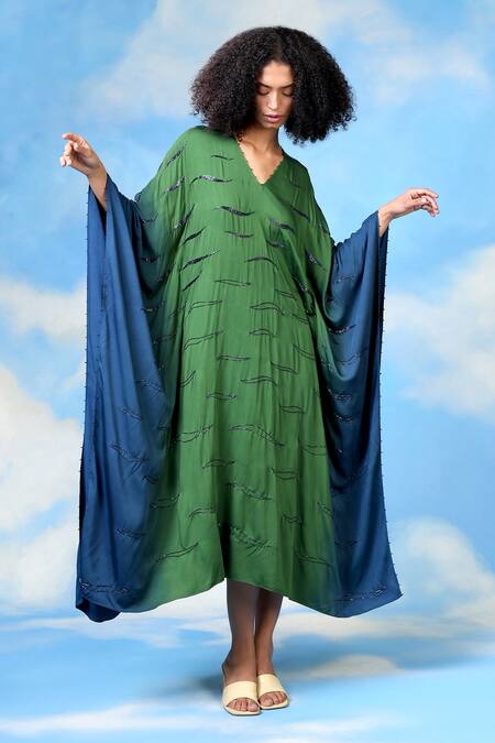 Buy_Shilpi Gupta_Blue Modal, Satin Cut Work, Embroidery V-neck Ombre Kaftan Dress _Online_at_Aza_Fashions