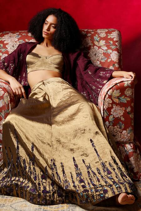 Shop_Shilpi Gupta_Gold Organza, Tissue Sequins, Patchwork Border Embroidered Lehenga Set With Cape _Online_at_Aza_Fashions