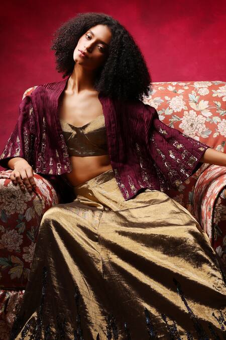 Shilpi Gupta_Gold Organza, Tissue Sequins, Patchwork Border Embroidered Lehenga Set With Cape _at_Aza_Fashions