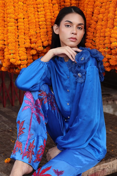 Shilpi Gupta Blue Bamberg Satin Embroidery Flower Applique Round Shirt Online at Aza Fashions Shilpi Gupta_Blue Bamberg Satin Embroidery Flower Applique Round Shirt _Online_at_Aza_Fashions