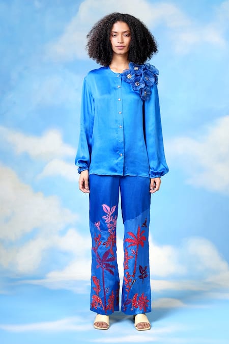 Shop_Shilpi Gupta_Blue Bamberg Satin Embroidery Flower Applique Round Shirt _Online_at_Aza_Fashions
