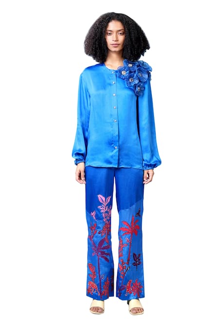 Shilpi Gupta Blue Bamberg Satin Embroidery Flower Applique Round Shirt at Aza Fashions Shilpi Gupta_Blue Bamberg Satin Embroidery Flower Applique Round Shirt _at_Aza_Fashions