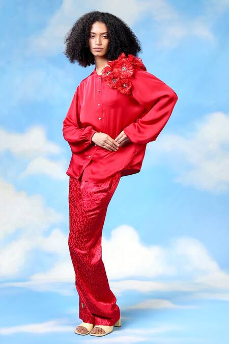 Shilpi Gupta_Red Bamberg Satin Embroidery Flower Applique Round Floral Shirt _Online_at_Aza_Fashions