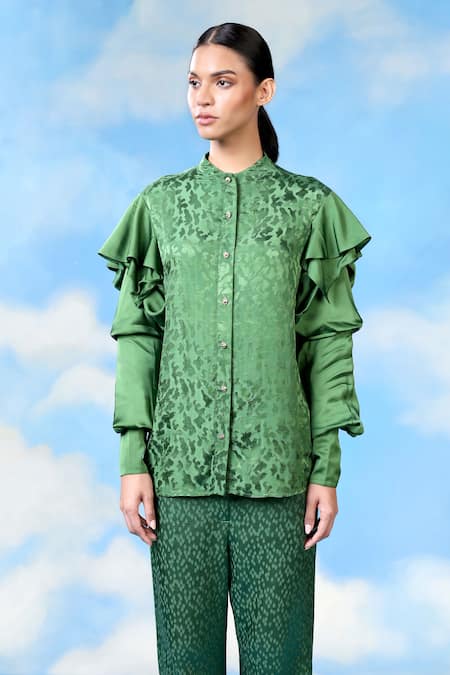 Shilpi Gupta Green Satin Jacquard Woven Abstract Mandarin Collar Shirt 