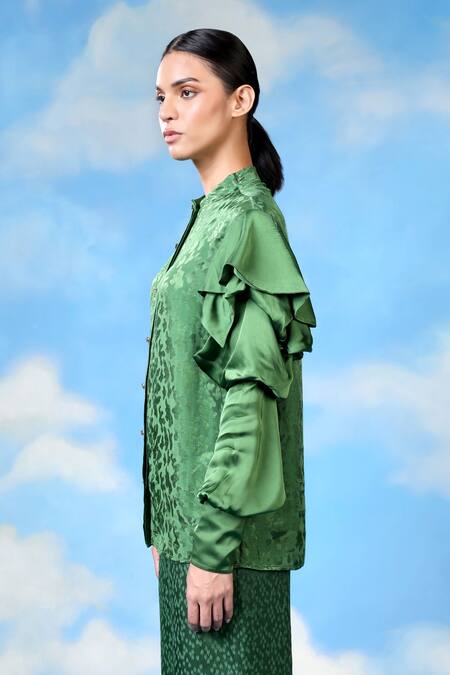 Shilpi Gupta_Green Satin Jacquard Woven Abstract Mandarin Collar Shirt _Online_at_Aza_Fashions