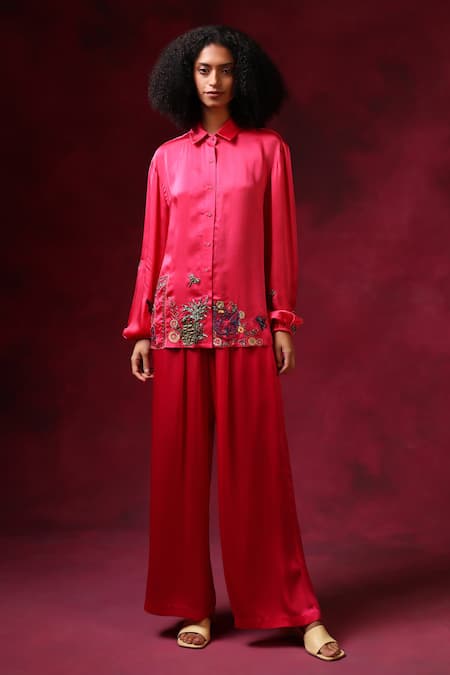 Shilpi Gupta Pink Bamberg Satin Embroidery Cutdana Collar Border Shirt 