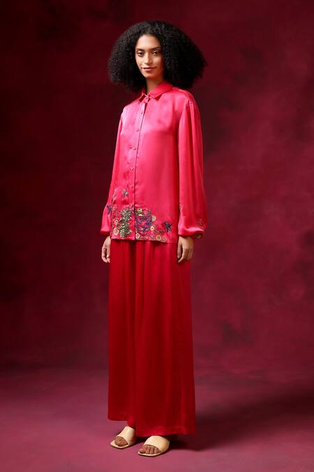 Buy_Shilpi Gupta_Pink Bamberg Satin Embroidery Cutdana Collar Border Shirt _Online_at_Aza_Fashions