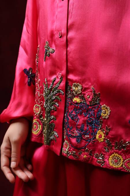 Shilpi Gupta_Pink Bamberg Satin Embroidery Cutdana Collar Border Shirt _at_Aza_Fashions
