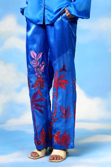 Shop_Shilpi Gupta_Blue Heavy Satin Embroidery Floral Patchwork Pant _Online_at_Aza_Fashions