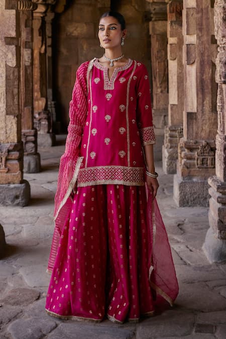 Kritika Dawar Pink Chanderi Embroidery Dori Split V Neck Shrina Phool Kurti Sharara Set 