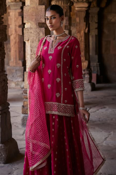Buy Kritika Dawar Pink Organza, Chanderi Embroidery, Zari, Shrina Phool Dori Kurti Sharara Set Online at Aza Fashions Buy_Kritika Dawar_Pink Organza, Chanderi Embroidery, Zari, Shrina Phool Dori Kurti Sharara Set _Online_at_Aza_Fashions