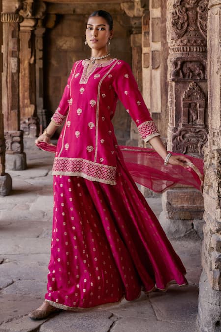 Shop Kritika Dawar Pink Organza, Chanderi Embroidery, Zari, Shrina Phool Dori Kurti Sharara Set Online at Aza Fashions Shop_Kritika Dawar_Pink Organza, Chanderi Embroidery, Zari, Shrina Phool Dori Kurti Sharara Set _Online_at_Aza_Fashions