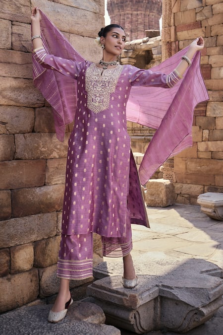 Shop Kritika Dawar Purple , Silk, Brocade Gota Nehmat Gul Embroidered Kurta Set Online at Aza Fashions Shop_Kritika Dawar_Purple , Silk, Brocade Gota Nehmat Gul Embroidered Kurta Set _Online_at_Aza_Fashions