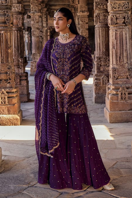 Kritika Dawar Purple Silk Embroidery Gota Round Neck Naqsh Ambrosia Kurti Gharara Set 