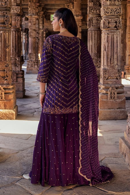 Shop Kritika Dawar Purple , Organza Naqsh Ambrosia Gota Embroidered Kurti Gharara Set at Aza Fashions Shop_Kritika Dawar_Purple , Organza Naqsh Ambrosia Gota Embroidered Kurti Gharara Set _at_Aza_Fashions