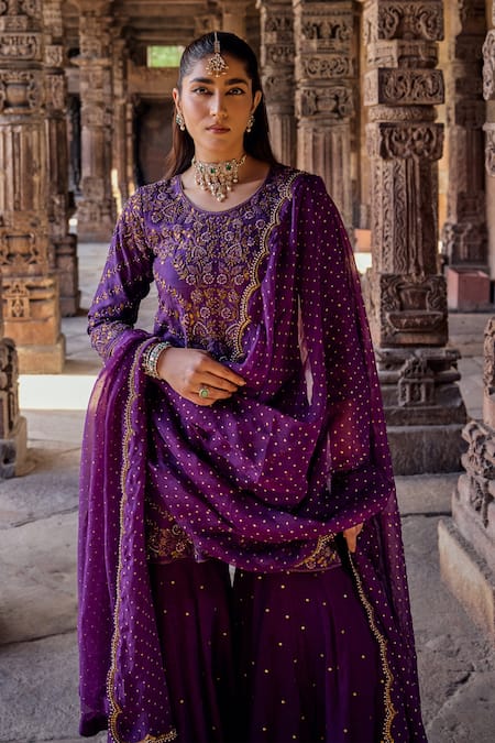 Shop Kritika Dawar Purple , Organza Naqsh Ambrosia Gota Embroidered Kurti Gharara Set Online at Aza Fashions Shop_Kritika Dawar_Purple , Organza Naqsh Ambrosia Gota Embroidered Kurti Gharara Set _Online_at_Aza_Fashions