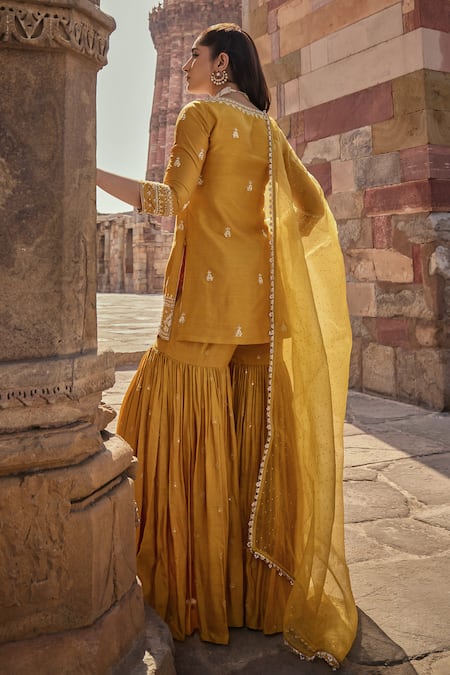 Shop Kritika Dawar Yellow , Organza Gota Patti, Pearls, Ambar Gulshan Kurti Gharara Set at Aza Fashions Shop_Kritika Dawar_Yellow , Organza Gota Patti, Pearls, Ambar Gulshan Kurti Gharara Set _at_Aza_Fashions