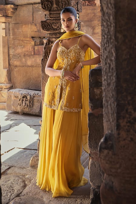 Kritika Dawar Yellow Silk, Organza Aliyah Bloom Garden Dabka Embroidered Kurti Sharara Set Online at Aza Fashions Kritika Dawar_Yellow Silk, Organza Aliyah Bloom Garden Dabka Embroidered Kurti Sharara Set _Online_at_Aza_Fashions