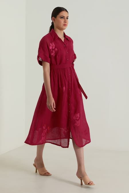 Arcvsh by Pallavi Singh Fuchsia Gauze Linen Embroidered Floral Collared Carnation Midi Dress 