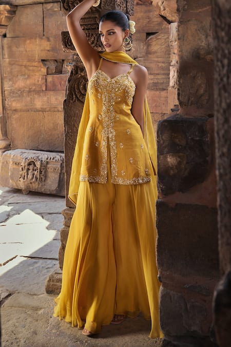 Buy Kritika Dawar Yellow Silk, Organza Aliyah Bloom Garden Dabka Embroidered Kurti Sharara Set Online at Aza Fashions Buy_Kritika Dawar_Yellow Silk, Organza Aliyah Bloom Garden Dabka Embroidered Kurti Sharara Set _Online_at_Aza_Fashions