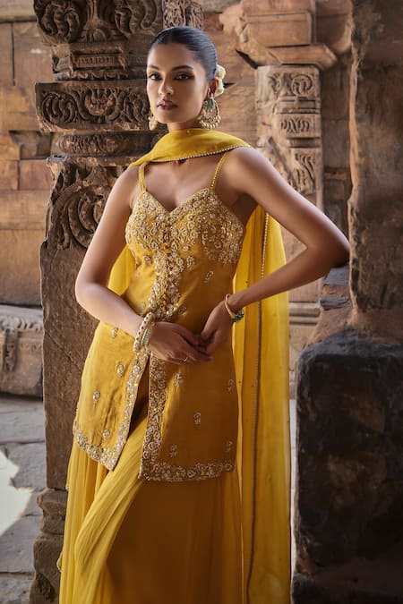 Shop Kritika Dawar Yellow Silk, Organza Aliyah Bloom Garden Dabka Embroidered Kurti Sharara Set Online at Aza Fashions Shop_Kritika Dawar_Yellow Silk, Organza Aliyah Bloom Garden Dabka Embroidered Kurti Sharara Set _Online_at_Aza_Fashions
