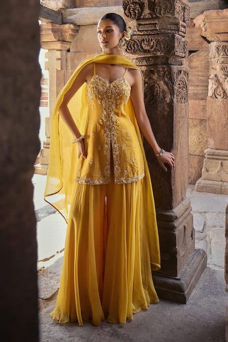 Kritika Dawar Yellow Silk, Organza Aliyah Bloom Garden Dabka Embroidered Kurti Sharara Set at Aza Fashions Kritika Dawar_Yellow Silk, Organza Aliyah Bloom Garden Dabka Embroidered Kurti Sharara Set _at_Aza_Fashions